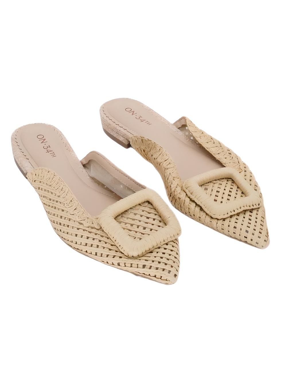 On 34th Mabel Buckle Mules Natural Woven Pointed Toe Flat Slide Size 7M